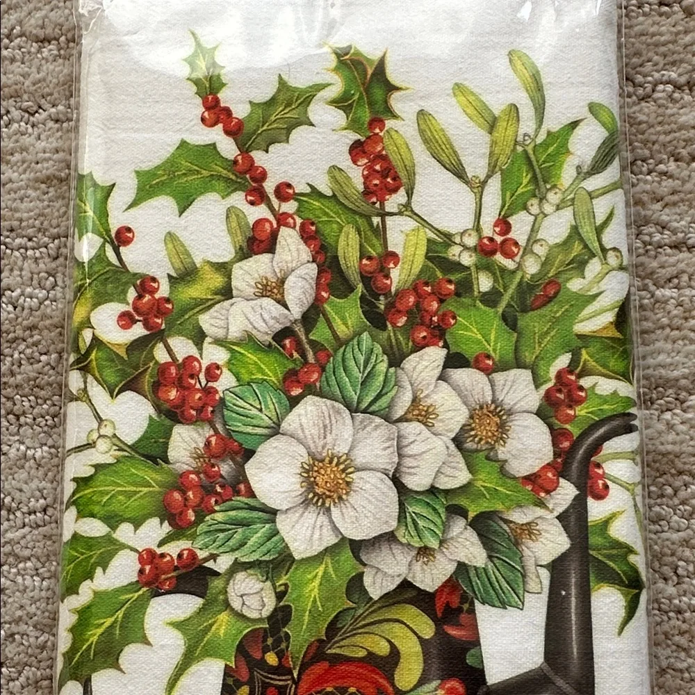 Mary Lake-Thompson Kitchen Flour Sack Dish Towel Holly Berries Watering Can